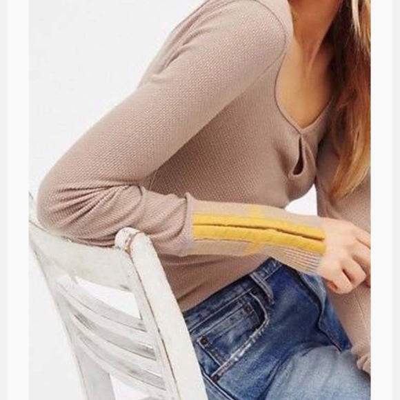 FP |  WTF Taupe Thermal Striped Cuffs Scoop Neck Keyhole Boho Long Sleeve Shirt - Picture 4 of 14